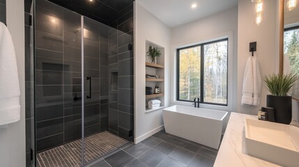 A modern bathroom with a walk-in shower, glass doors, and sleek black and white tiles, designed for a contemporary home.