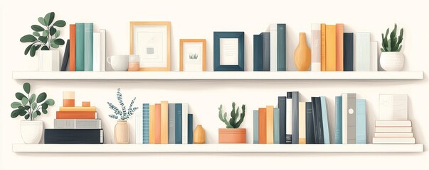 High-key illustration of Scandinavian bookshelf with plants and books