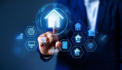 Real estate investment concept. Man touch virtual house icon for analyzing mortgage loan home and insurance real property mortgage. interest rate, Investment planning, business real estate