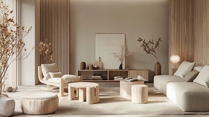 A Scandinavian-style living room with light wood furniture, neutral tones, and a focus on functionality and comfort.