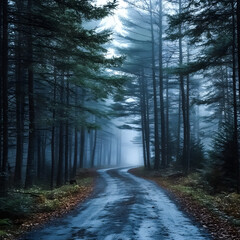 Fototapeta premium Mysterious and Atmospheric Foggy Forest Road Surrounded by Towering Pine Trees