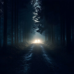 Fototapeta premium Mysterious Night Road in Forested Pathway Illuminated by Car Headlights