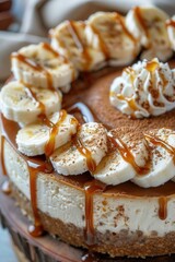 Close-up of a decadent Banoffee cheesecake, caramel drizzle, whipped cream, and banana slices, soft focus background,