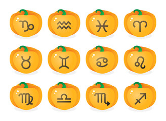 Zodiac signs in the form of a pumpkin. Astrology, Space, horoscope. Set of isolated vector illustrations for Halloween