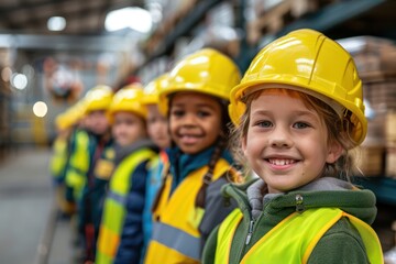 Obraz premium Group of mixed boys wearing yellow hard hats and protective suits in construction or warehouse