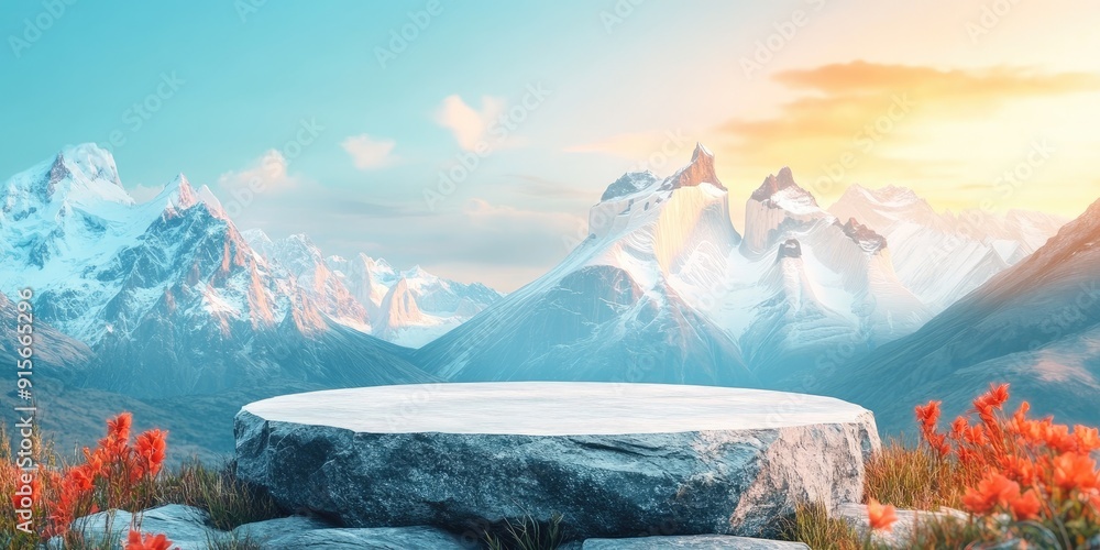 Poster Mountaintop Stone Platform with Red Flowers and Blue Sky