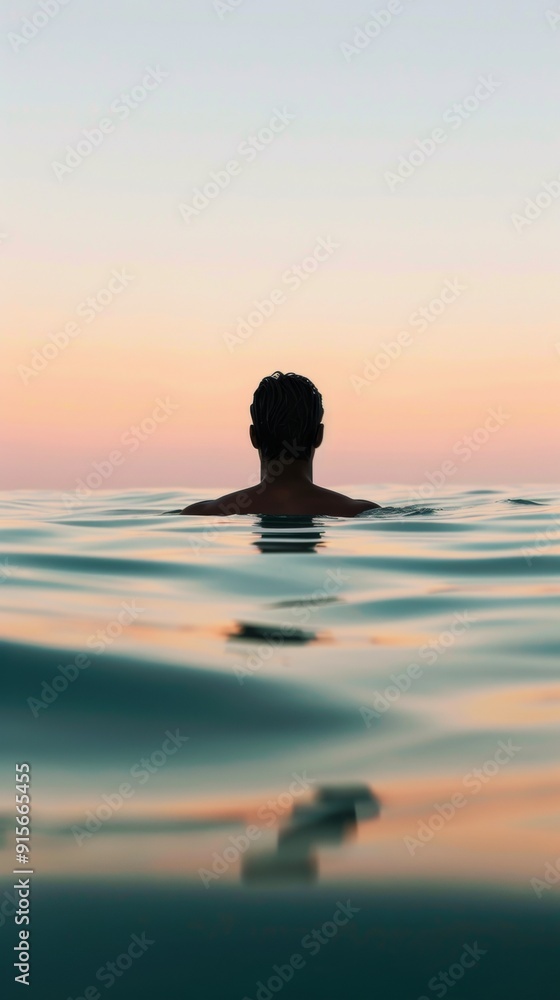 Poster Abstract Underwater Portrait of Submerged Figure at Sunset with Blurry Waves in Symmetrical Composition