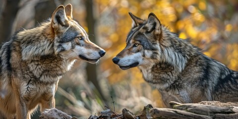 Obraz premium Mexican Gray Wolf Keeping Guard as Mate Relishes a Bone
