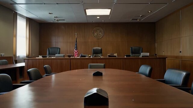 Empty Courtroom with a Judge's Bench, Jury Box, and the American Flag