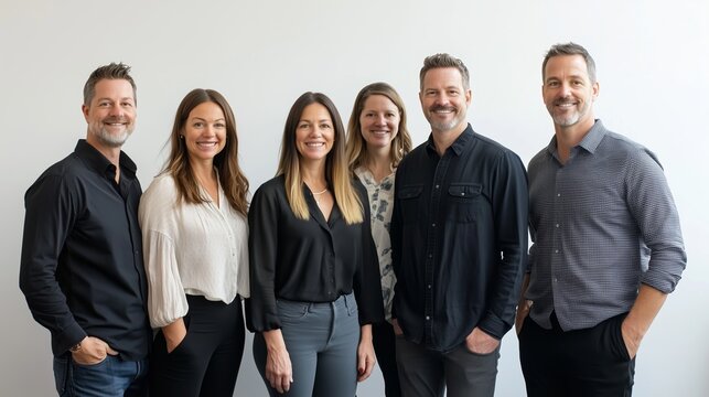Group of six professionals smiling together in a modern office setting during daylight hours