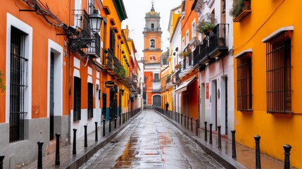 Fototapeta premium Colorful Cobblestone Street in Oaxaca, Mexico After Rain