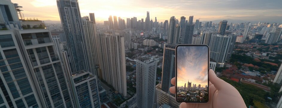 Fototapeta A hand captures a breathtaking sunset over the city skyline with a smartphone