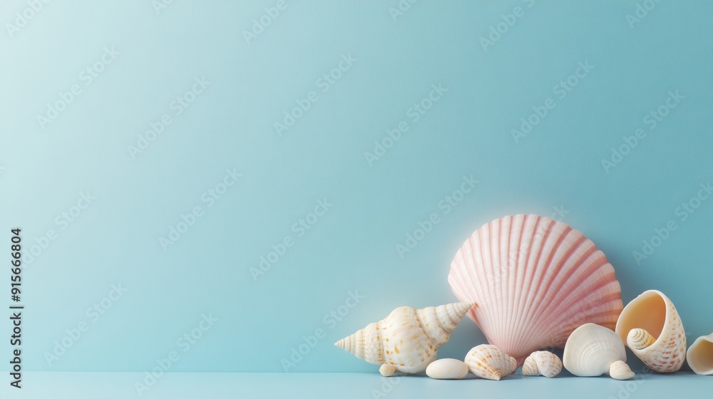 Poster pastel pink seashell on blue table with delicate seashells and pebbles, creating a serene and calmin
