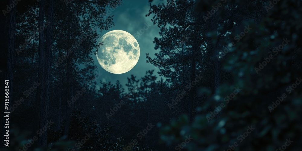 Wall mural a photo of a full moon shining through tree branches in a forest
