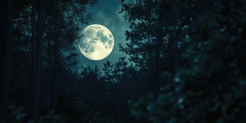 A photo of a full moon shining through tree branches in a forest