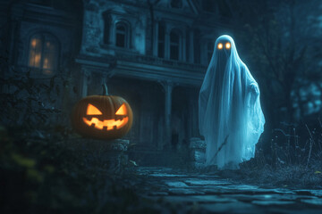 scary spooky halloween season, monster skull and crossbones halloween witch with pumpkin, halloween and October background	