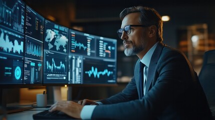 Businessman analyzes global market trends and investment strategies