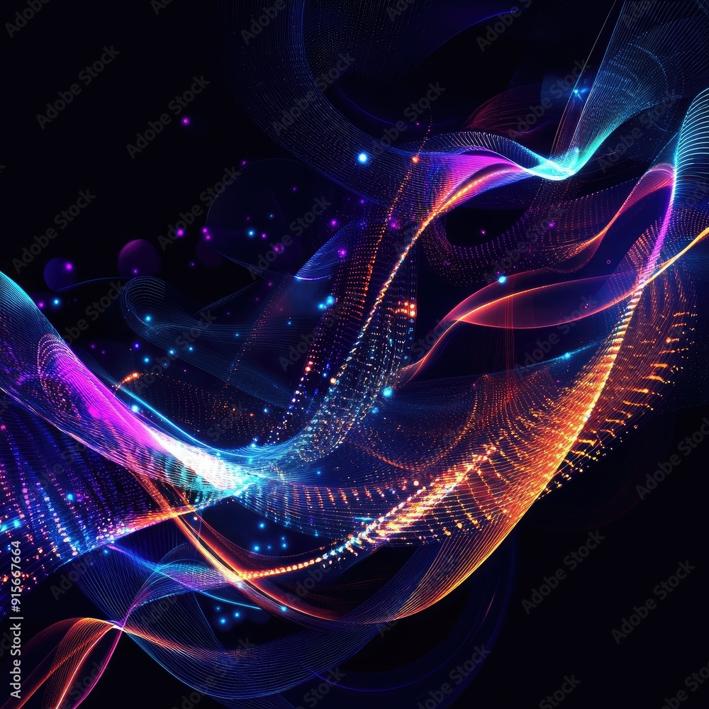 Wall mural abstract tech waves with glowing lines, dynamic digital design