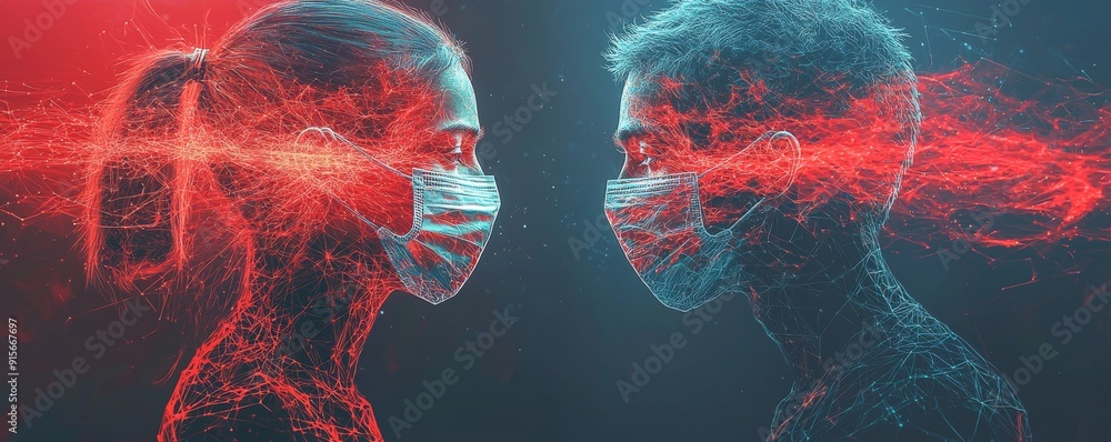 Poster digital artwork of a man and woman with face masks and red connection between them