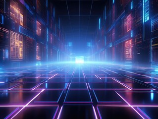 Obraz premium Abstract tech grid with neon lights and depth, modern technology