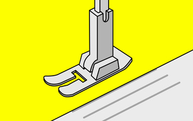 黄色い布を縫うミシンの押さえ金のアップ画像