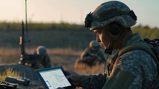 Soldier Using a Tablet Computer with Military Gear in the Field