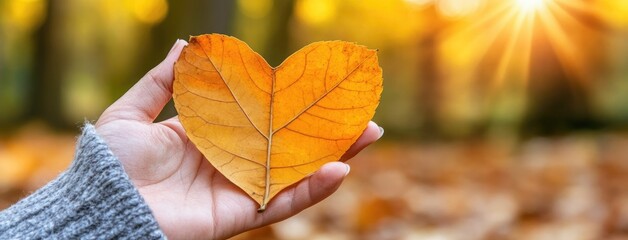 Obraz premium A romantic autumn leaf bouquet held in the sunlit forest in fall