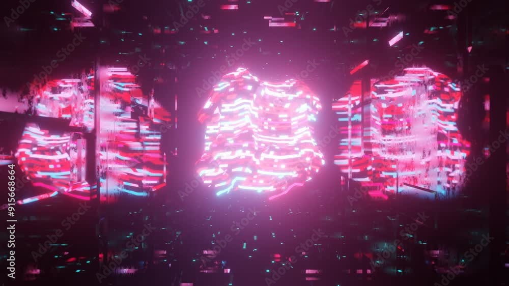 Aufkleber cubes structure. 3d object or structure rotates and moves inside glass mirror tunnel with neon light