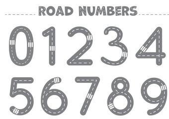 Vector illustration. Road numbers for kids. Numbers set from 1 to 9. Children educational cards for learning numbers.