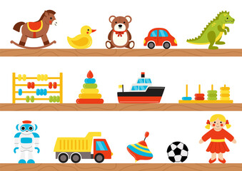 Cute cartoon children toys on wooden shelves. Toy store or children room.
