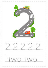 Worksheet for kids. Road numbers for kids. Tracing Number 2.