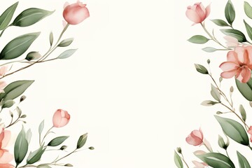Fototapeta premium Watercolor floral frame with pink flowers and green leaves on white background.