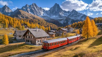 A red train travels through colorful autumn mountains and valleys in a stunning landscape