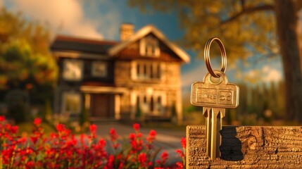 key showing key from new house rented leased purchased apartment, Moving house, relocation. New house, belongings and furniture. move in the apartment or condominium. New landlord, Becoming homeowner