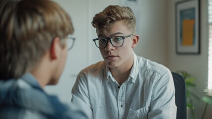 Attractive white male high school counselor Having a heartfelt conversation with students Interaction Every gesture and expression is important.