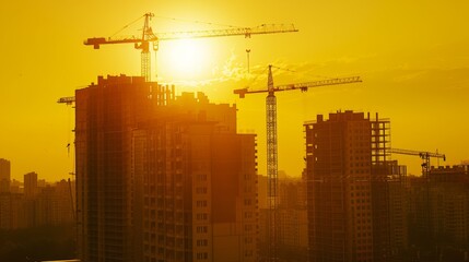 Construction of new residential high-rise buildings. Against the background of a yellow sunset sky, crane, architecture, industrial, development, tower