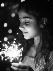 Fototapeta premium A young child holds a lit sparkler, ready for a celebration or special event