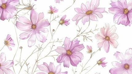 Seamless Patterns of Colorful Wild Pink and Purple Daisy Flowers on a White Background, Perfect for Textile and Fashion Design