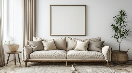 interior design of modern living room with beige fabric sofa and cushions. White wall with frame and space for text, living, furniture