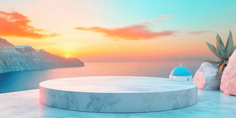 Fototapeta premium Marble Platform Overlooking a Sea at Sunset with a Greek Church