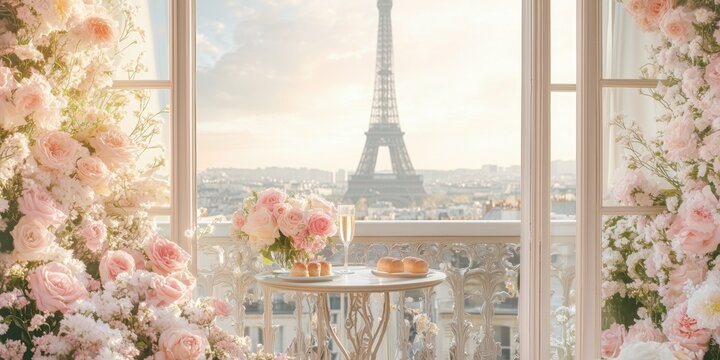 Delicate illustration of a white balcony studded with flowers with a table, champagne and a view of the Eiffel Tower in Paris, France. Delicate postcard of a romantic morning.
