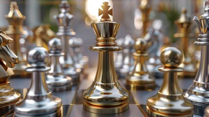 Shot of CHESS concept gold and si king surrounded with SILVER and GOLD chess pieces on game competition, chess battle, victory, success, team leader, teamwork, business strategy concept.3d rendering.