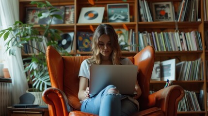 A Young woman in casual clothes working on laptop Sitting in a 1960s style orange leather chair, she is in her living room. The walls are lined with shelves containing her collection of vinyl records.