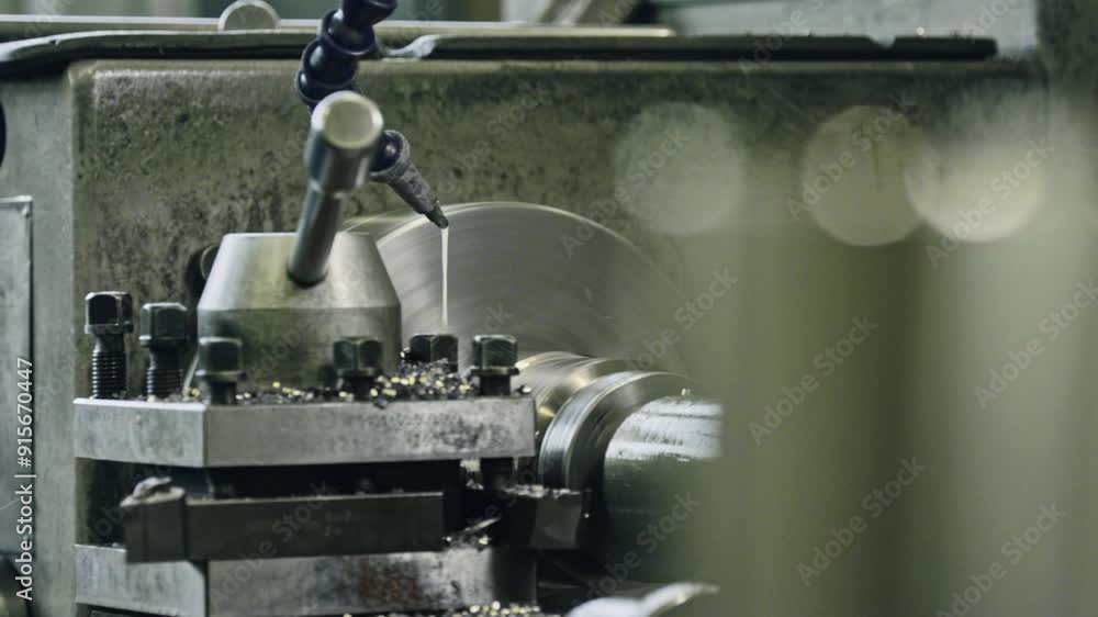 Poster witness the precision of metalworking with a lathe machine in an industrial setting. experience the 