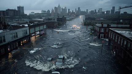 Urban Flooding with Submerged Cars on City Streets