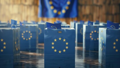 Ballot boxes adorned with the EU flag, capturing the essence of European democracy civic duty