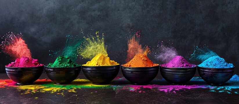 Close up of multi colored powder in bowls with copyspace on a black background Concept related to the Holi festival color Hindu tradition and celebration
