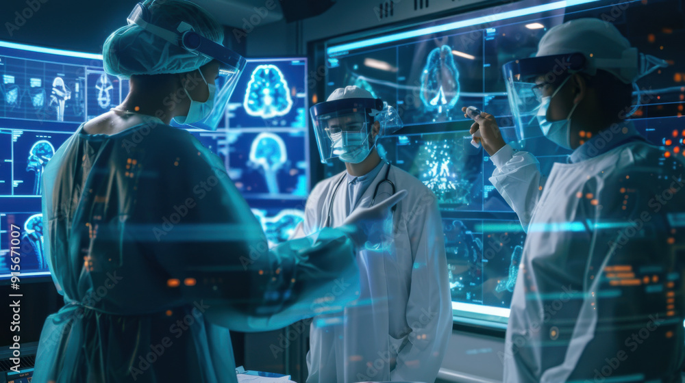 Poster doctors discussing patient data on a holographic display