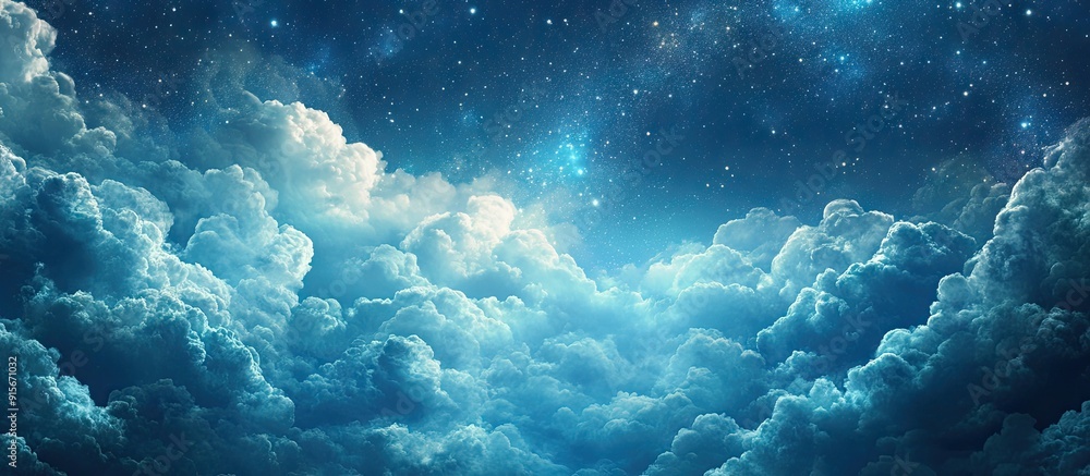 Poster Creative background of clouds and a starry sky Unique wallpaper. with copy space image. Place for adding text or design