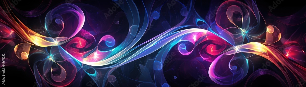 Poster digital fractal forms with vivid hues, complex abstract design